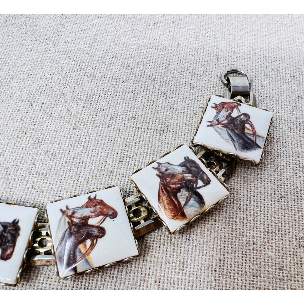 Vintage Equestrian Horse Portrait Porcelain Tile Link Bracelet Gold Tone 7.5in - Picture 6 of 11
